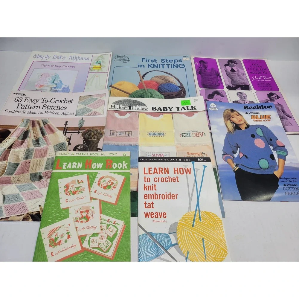 Vintage Crochet Knitting Embroidery Pattern 8 Book Lot Coats & Clark Patons Lily